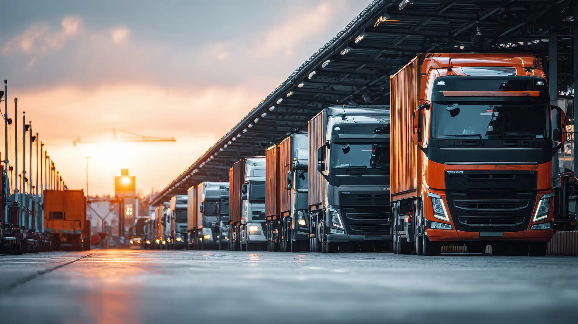 Camion alle banchine di un hub logistico al tramonto – CGM Trasporti